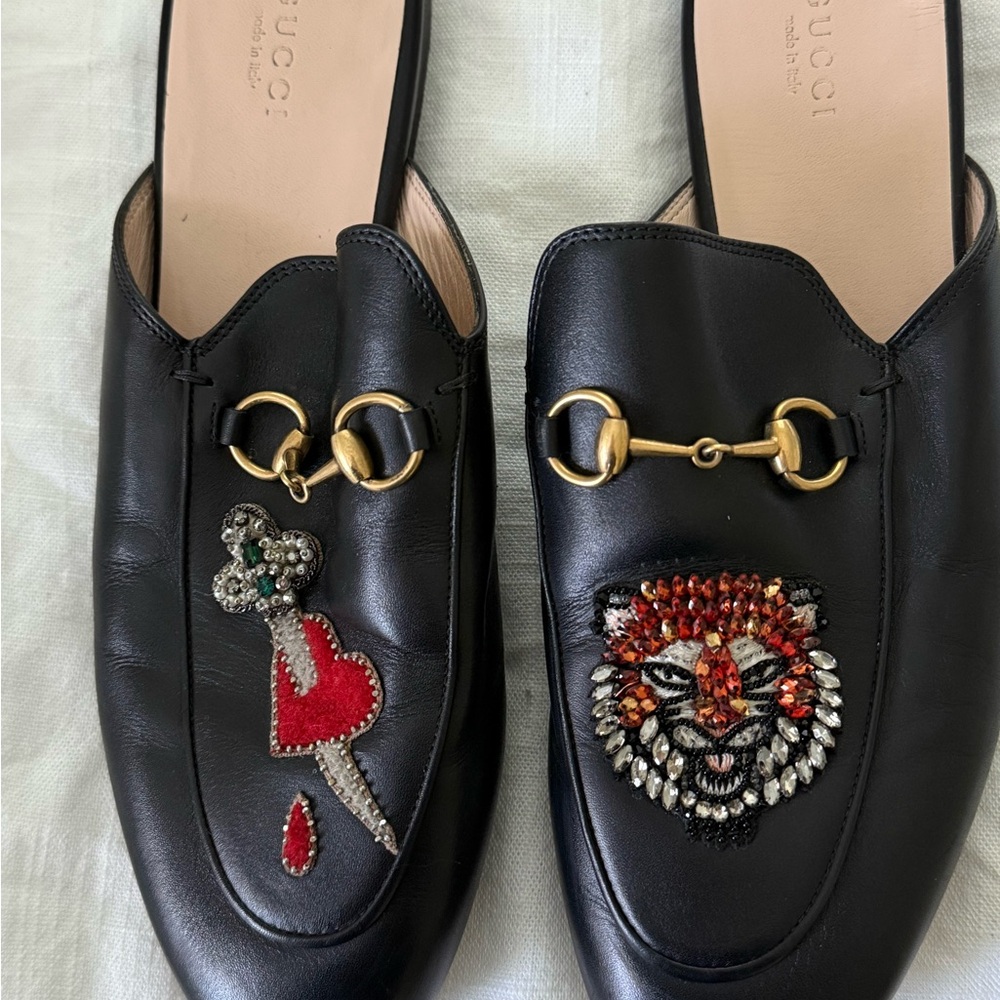 Gucci Black Princetown Mules with Embroidered Tiger and Heart - Picture 13 of 13